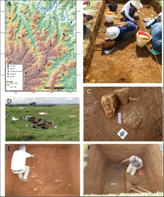 Figure 2. A) Map of CBS and study sites; B) excavation of Abreu and Garcia funerary mound; C) secondary cremated deposit recovered at Abreu and Garcia; D) early stage of the excavations of oversized pit house at VB1; E) excavation of floor 3 at VB1; F) sequence of burnt floors exposed at VB1.